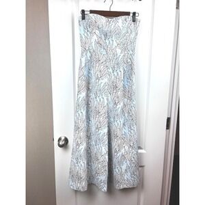 H&M Strapless Wide Leg Jumpsuit Blue White Leaf Print Sweetheart Neckline 4